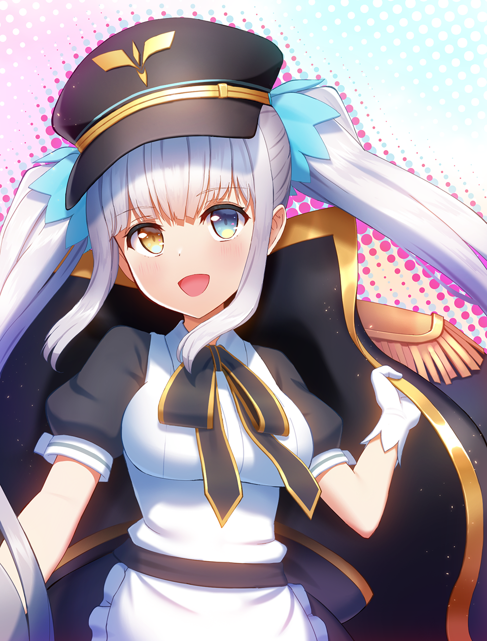 1girl :d apron bangs black_bow black_headwear black_jacket black_skirt blue_eyes bow breasts brown_eyes collared_shirt commentary_request epaulettes eyebrows_visible_through_hair frilled_apron frills gloves hair_ornament hat heterochromia highres jacket kagura_mea kagura_mea_channel long_hair medium_breasts mikomiko_(mikomikosu) open_mouth peaked_cap puffy_short_sleeves puffy_sleeves shirt short_sleeves sidelocks silver_hair skirt smile solo twintails very_long_hair virtual_youtuber waist_apron white_apron white_gloves white_shirt