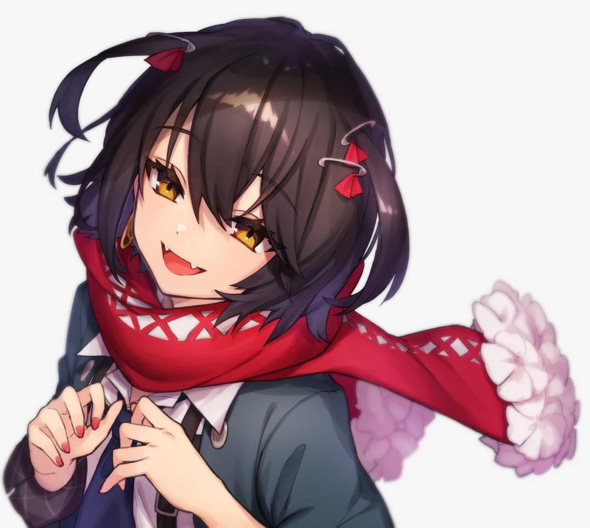 1boy androgynous black_coat black_hair blush earrings fangs flower jewelry long_sleeves mashiro_(nijisanji) nail_polish nijisanji open_mouth red_nails red_scarf scarf simple_background smile upper_body virtual_youtuber white_background yellow_eyes zumi_tiri