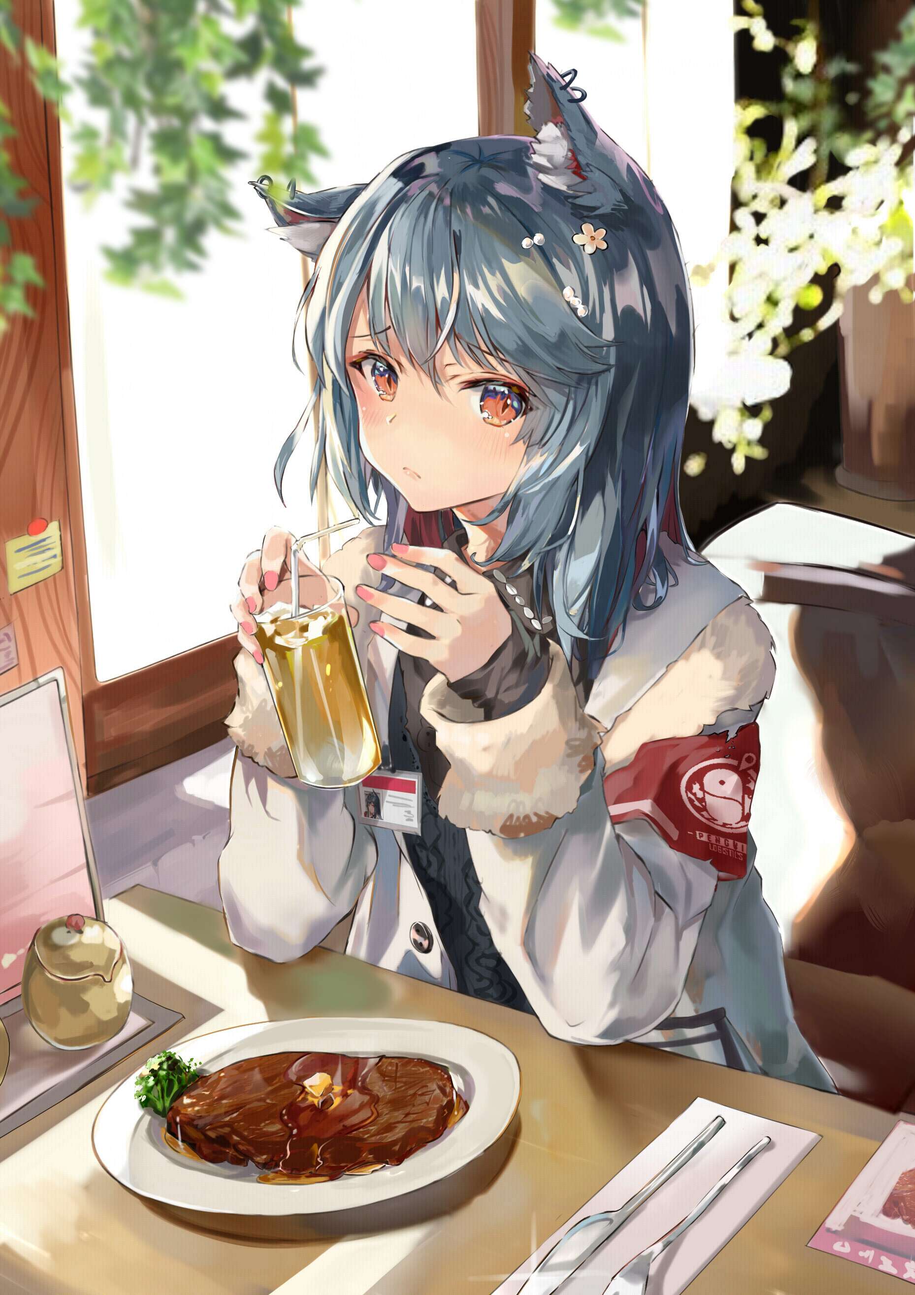 1girl absurdres animal_ear_fluff animal_ears arknights armband bangs black_hair black_shirt brown_eyes chinese_commentary commentary_request cup drinking_glass drinking_straw earrings eyebrows_visible_through_hair food fork hair_between_eyes hands_up highres holding holding_cup indoors jacket jewelry knife long_hair long_sleeves looking_at_viewer open_clothes open_jacket pink_nails plate rokami shirt solo steak texas_(arknights) upper_body white_jacket wolf_ears