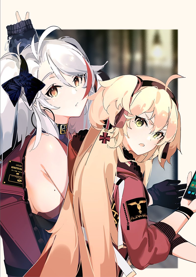 2girls admiral_hipper_(azur_lane) ahoge antenna_hair azur_lane bangs black_bow blonde_hair bow breasts brown_eyes casual cellphone earrings gloves hoop_earrings iron_cross jewelry long_hair mania_(fd6060_60) mole mole_on_breast multiple_girls phone prinz_eugen_(azur_lane) sideboob two_side_up white_hair