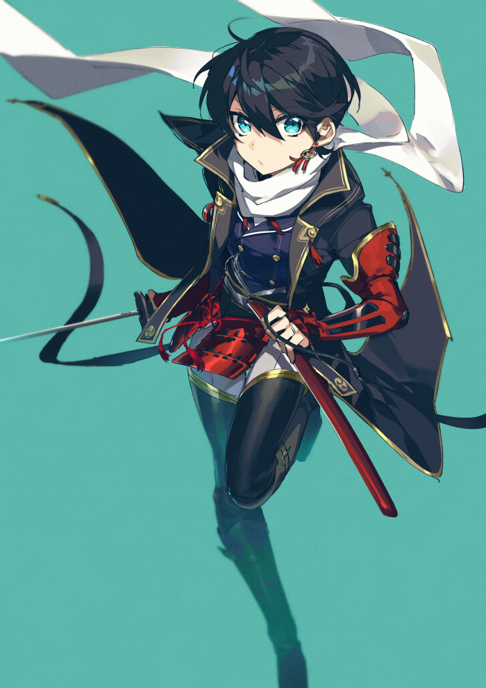 1boy armor black_hair blue_eyes boots coat double-breasted earrings hebino_rai horikawa_kunihiro japanese_armor jewelry kiwame_(touken_ranbu) kote male_focus pants ring scarf sheath standing standing_on_one_leg sword thigh-highs thigh_boots touken_ranbu wakizashi weapon white_pants white_scarf