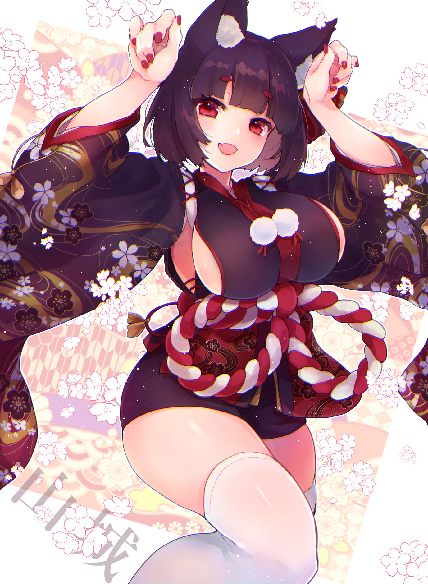 1girl :d animal_ear_fluff animal_ears azur_lane black_hair breasts cat_ears character_name eyebrows_visible_through_hair fang floral_background floral_print highres large_breasts long_sleeves looking_at_viewer nail_polish open_mouth paw_pose red_eyes red_nails rope shichijou_natori shimenawa sideboob smile solo thigh-highs white_legwear wide_sleeves yamashiro_(azur_lane)