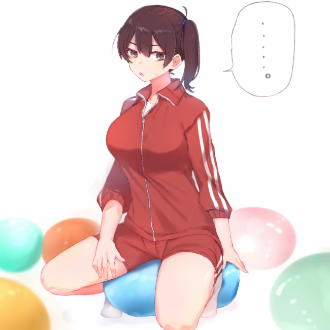 1girl balloon breasts brown_eyes brown_hair cosplay folte jacket kaga_(kantai_collection) kantai_collection large_breasts long_hair looking_at_viewer michishio_(kantai_collection) michishio_(kantai_collection)_(cosplay) red_track_suit side_ponytail simple_background sitting solo track_jacket track_suit white_background