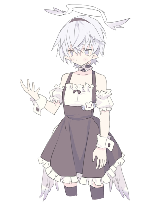 1boy angel angel_wings black_legwear blade_(galaxist) blush choker crossdressinging dress hair_between_eyes halo lace lace_choker luke_venus male_focus pinafore_dress pointy_ears pop-up_story silver_hair solo thigh-highs wings wrist_cuffs