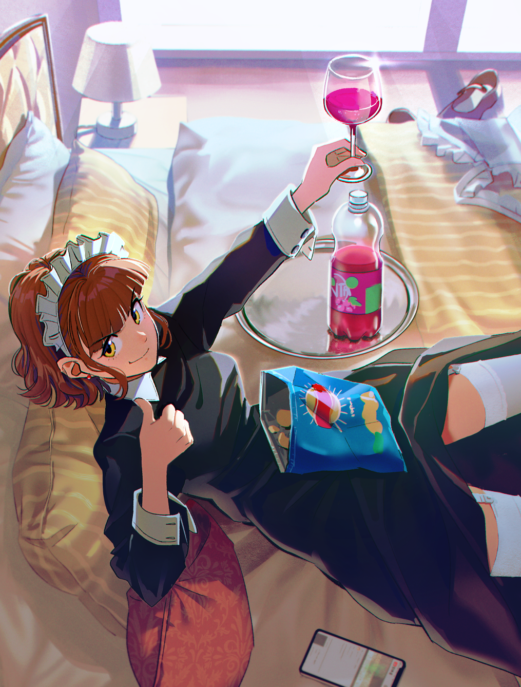 1girl bag_of_chips black_shirt brown_hair cellphone cup day drinking_glass fanta feet_out_of_frame garter_straps highres indoors lamp long_sleeves maid maid_headdress nashigaya_koyomi on_bed original phone pillow red_earrings shirt shoes_removed short_hair smile thumbs_up tray white_legwear wine_glass yellow_eyes