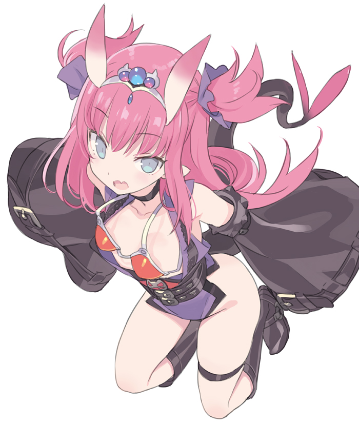 1girl armor bangs bare_shoulders bikini_armor black_choker black_footwear black_sleeves blade_(galaxist) blue_eyes boots choker collarbone detached_sleeves dragon_tail elizabeth_bathory_(brave)_(fate) elizabeth_bathory_(fate)_(all) eyebrows_visible_through_hair fang fate/grand_order fate_(series) full_body groin hair_between_eyes hair_ribbon horns knee_boots leotard long_hair long_sleeves looking_at_viewer open_mouth oversized_clothes pink_hair pointy_ears purple_leotard purple_ribbon red_bikini_top ribbon simple_background solo tail tiara two_side_up very_long_hair white_background wide_sleeves
