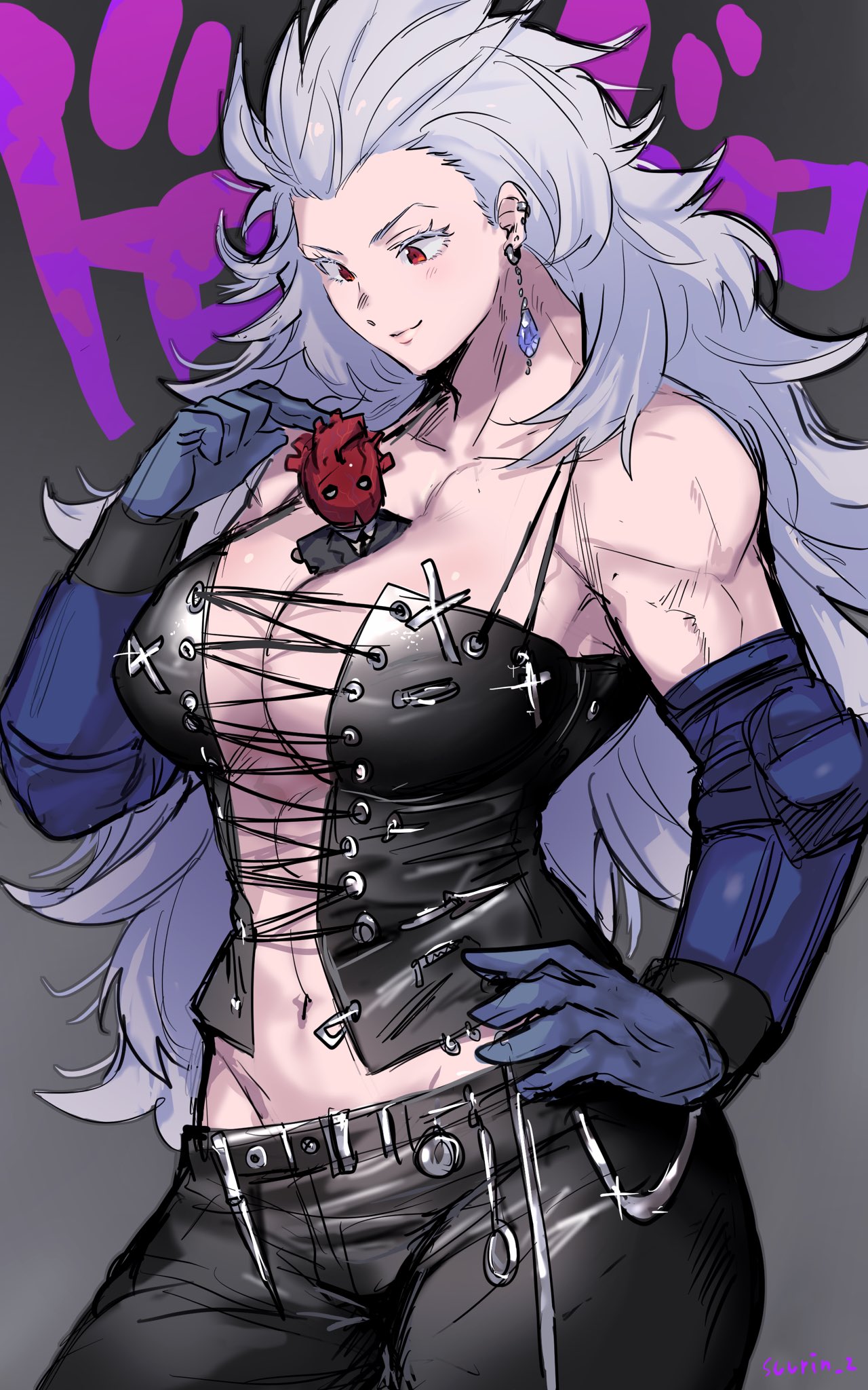 1girl breasts dorohedoro elbow_gloves gloves grey_hair highres large_breasts long_hair muscle muscular_female navel noi_(dorohedoro) red_eyes shin_(dorohedoro) silver_hair smile suurin_(ksyaro) tall_female