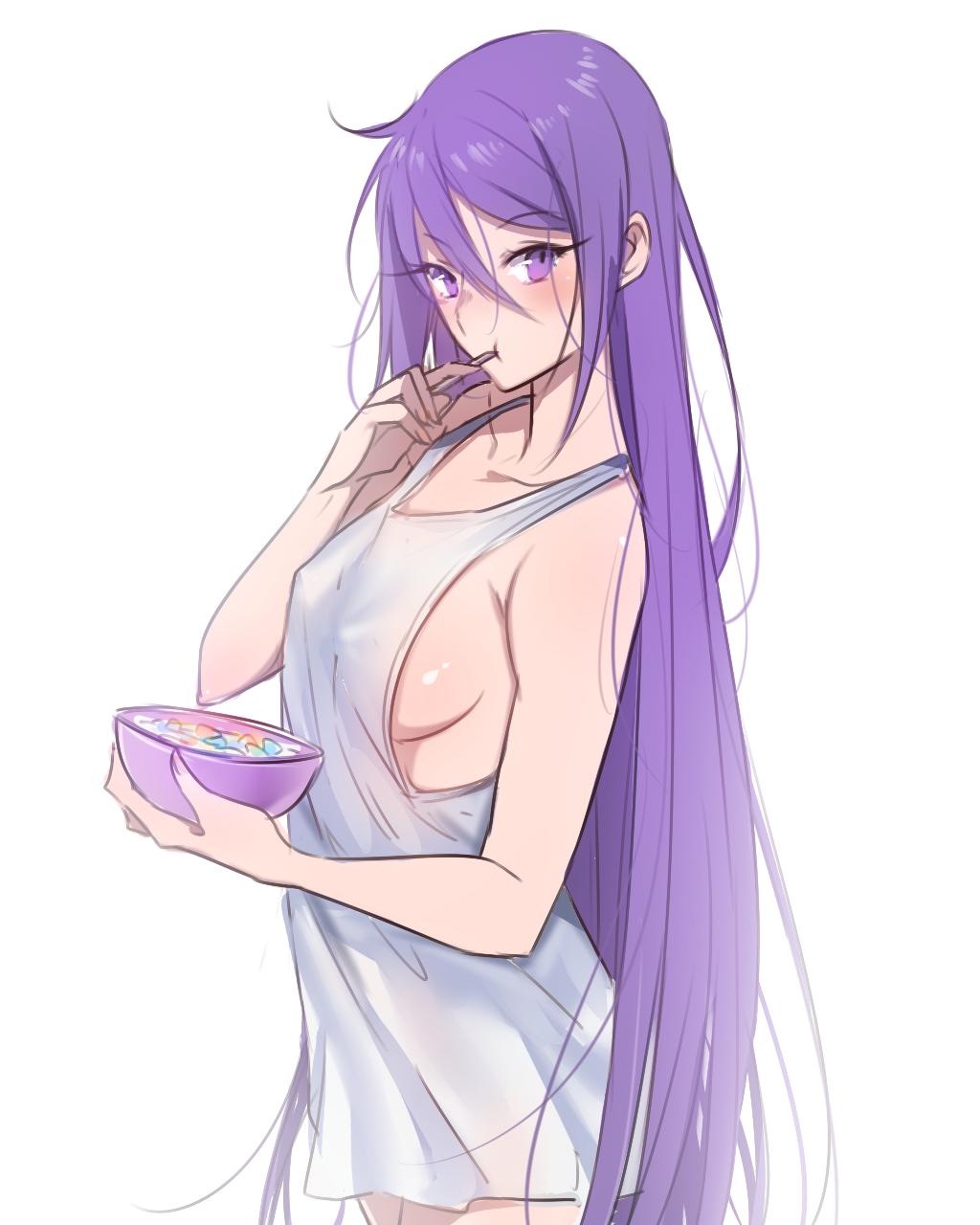 1girl alternate_breast_size alternate_hairstyle blush breasts cereal eating eltnum hair_down highres long_hair melty_blood nekonomlcon no_bra no_legwear purple_hair simple_background sion_eltnam_atlasia solo tank_top tsukihime under_night_in-birth vampire very_long_hair violet_eyes white_background