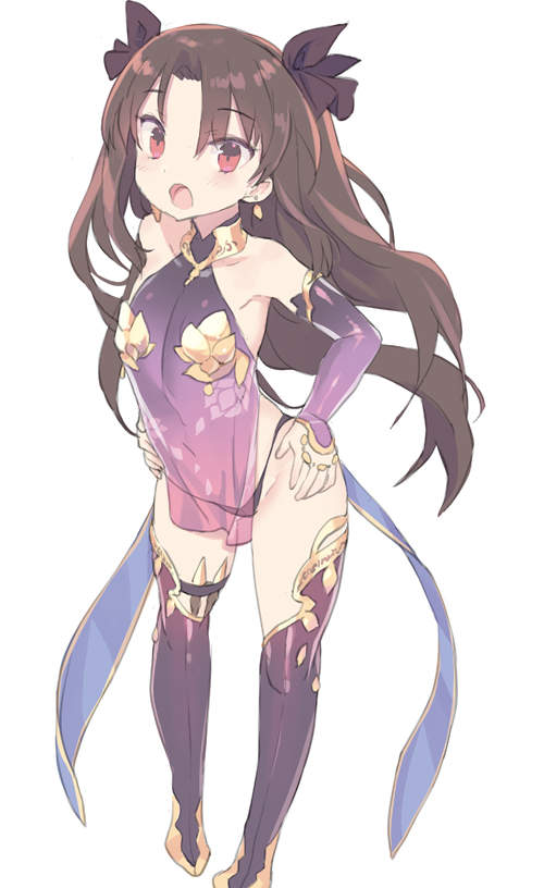 1girl :o bangs bare_shoulders black_panties blade_(galaxist) blush boots brown_hair brown_ribbon collarbone cosplay detached_sleeves dress earrings eyebrows_visible_through_hair fate/grand_order fate_(series) full_body hair_ribbon hands_on_hips ishtar_(fate)_(all) ishtar_(fate/grand_order) jewelry kama_(fate/grand_order) kama_(fate/grand_order)_(cosplay) long_hair long_sleeves looking_at_viewer open_mouth panties parted_bangs purple_dress purple_footwear purple_legwear purple_sleeves red_eyes ribbon see-through simple_background sleeveless sleeveless_dress sleeves_past_wrists solo standing thigh-highs thigh_boots two_side_up underwear very_long_hair white_background younger