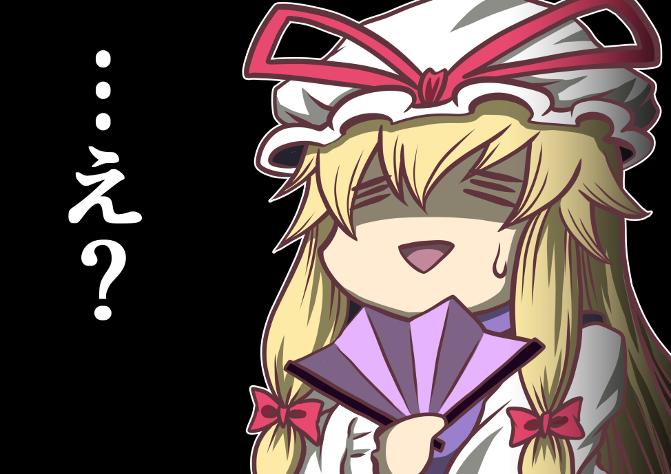 1girl =_= black_background blonde_hair chibi dress fan folding_fan hair_ribbon hat hat_ribbon hidefu_kitayan holding holding_fan mob_cap ribbon shaded_face sidelocks solo sweatdrop tabard touhou translation_request tress_ribbon triangle_mouth upper_body white_dress yakumo_yukari