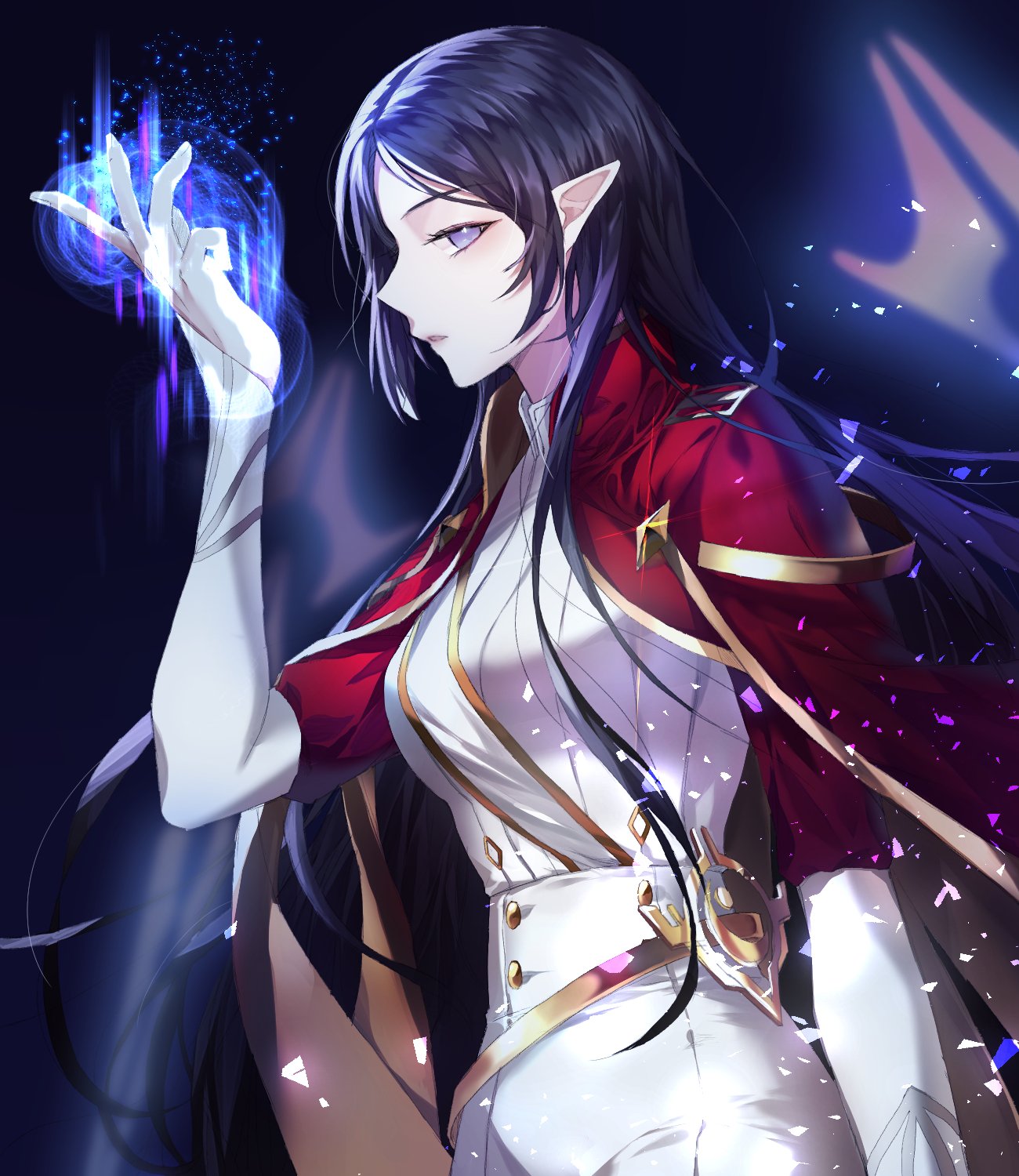 1girl belt black_hair cape dress gloves highres long_hair looking_at_viewer maplestory pointy_ears red_cape simple_background white_dress white_gloves