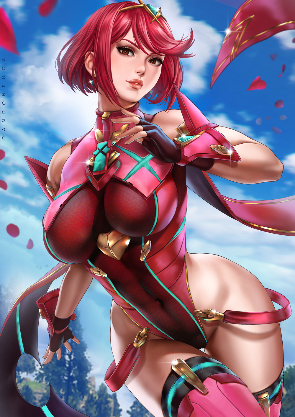 1girl artist_name bangs bare_hips bare_shoulders black_gloves blue_sky breasts clouds covered_navel dandon_fuga earrings fingerless_gloves gem glint gloves highleg highleg_leotard highres pyra_(xenoblade) impossible_clothes impossible_leotard jewelry large_breasts leotard looking_at_viewer outdoors parted_lips petals red_eyes red_legwear red_leotard red_lips redhead short_hair skin_tight sky smile solo swept_bangs thigh-highs thigh_gap tiara tree v-shaped_eyebrows wide_hips wrist_guards xenoblade_(series) xenoblade_2