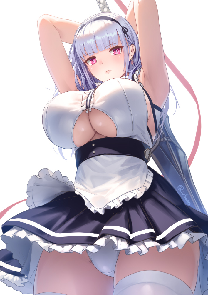 1girl apron armpits arms_up azur_lane bare_arms bare_shoulders black_skirt breasts commentary_request cowboy_shot cuboon dido_(azur_lane) frilled_skirt frills headdress holding holding_sword holding_weapon large_breasts long_hair looking_at_viewer maid maid_apron miniskirt panties pantyshot pantyshot_(standing) pink_eyes shirt silver_hair simple_background skirt sleeveless sleeveless_shirt solo standing sword thigh-highs under_boob underboob_cutout underwear waist_apron weapon white_background white_legwear white_panties white_shirt