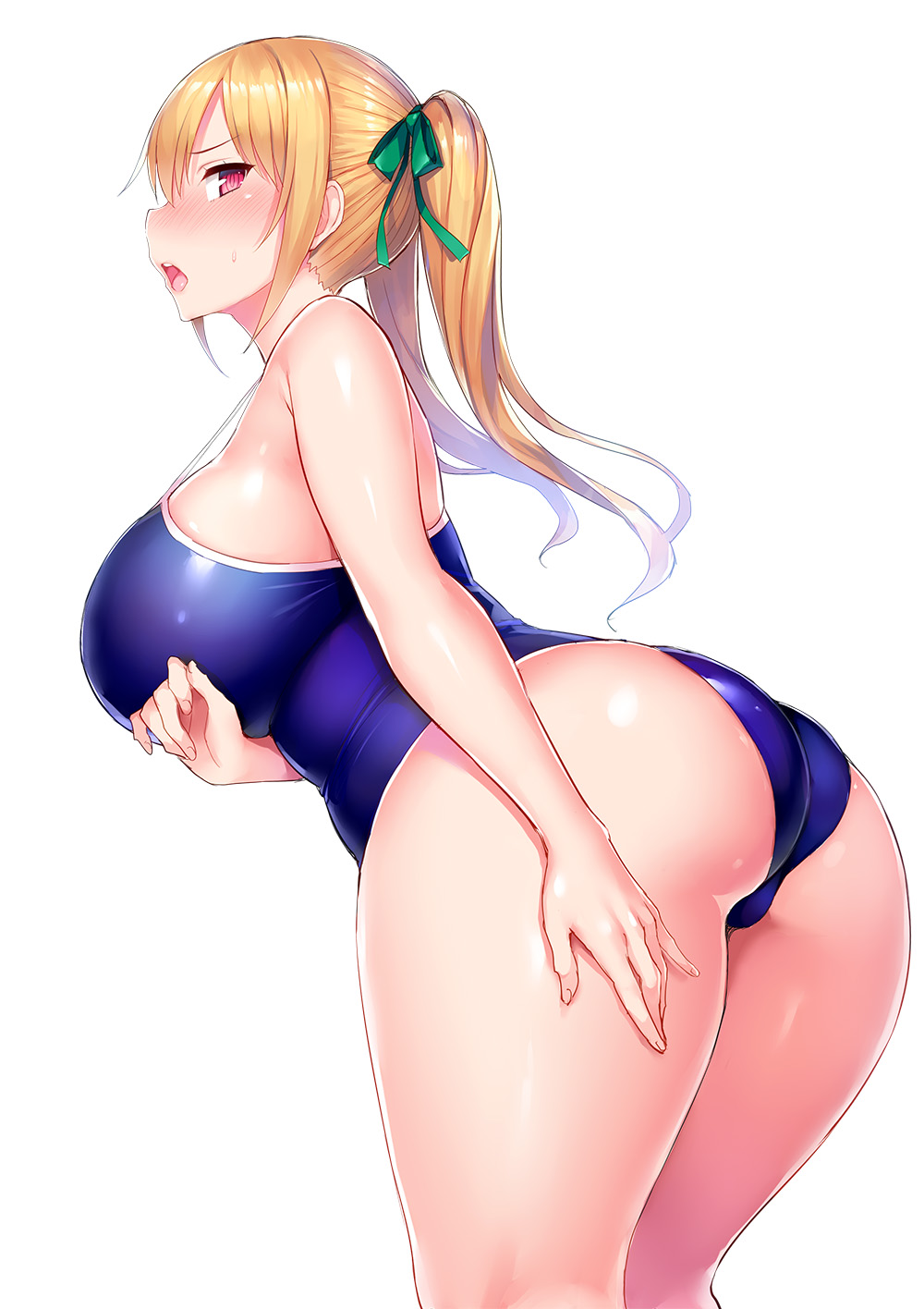 1girl arm_under_breasts ass back blonde_hair blush breasts commentary_request competition_school_swimsuit cowboy_shot eyebrows_visible_through_hair green_ribbon highres huge_breasts kneepits long_hair looking_at_viewer looking_back one-piece_swimsuit open_mouth original plump red_eyes ribbon simple_background skindentation solo standing sweatdrop swimsuit thighs tsukumiya_amane twintails white_background