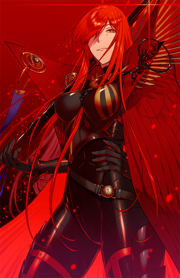 1girl armor armored_boots asymmetrical_bangs bangs belt black_gloves boots breasts cape chain collar collared_cape commentary_request fate/grand_order fate_(series) gloves hair_over_one_eye hand_on_hip high_collar holding holding_sword holding_weapon katana large_breasts looking_at_viewer oda_nobunaga_(fate)_(all) oda_nobunaga_(maou_avenger)_(fate) parted_lips red_background red_cape red_eyes redhead revision shoes simple_background solo standing sujiko_(125motimoti) sword weapon