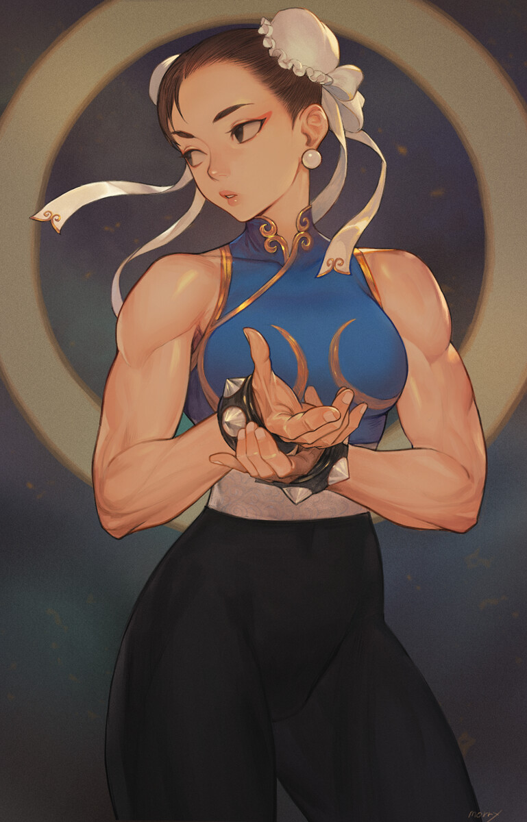 1girl alternate_costume biceps bracelet brown_hair bun_cover chun-li double_bun eyeshadow high-waist_pants highres jewelry looking_to_the_side makeup morry muscle muscular_female parted_lips pearl_earrings sleeveless solo spiked_bracelet spikes street_fighter toned