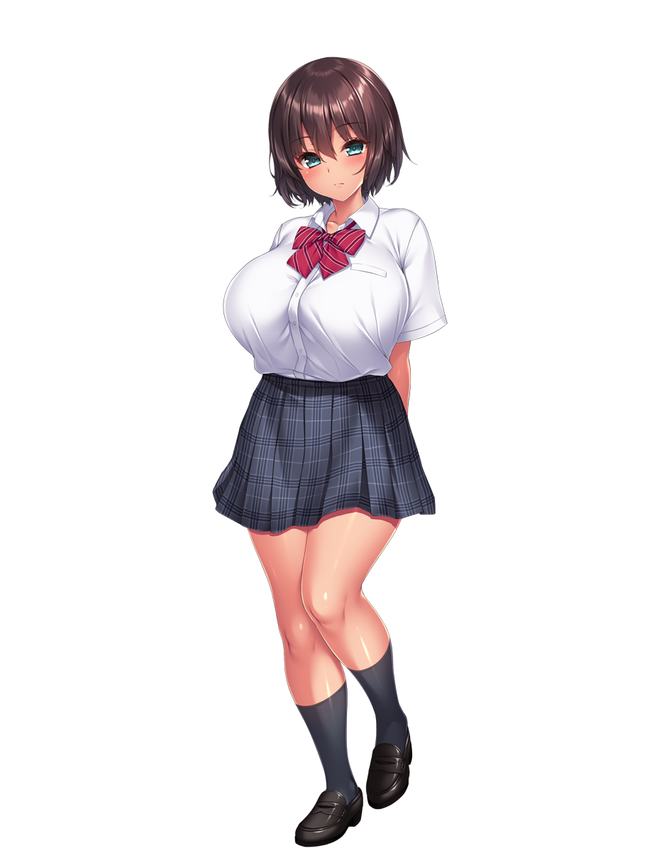 1girl aqua_eyes arms_behind_back bangs bob_cut bow breasts brown_hair courreges_axel full_body highres large_breasts loafers looking_at_viewer original pleated_skirt school_uniform shirt shoes short_hair simple_background skirt solo tan tented_shirt uniform white_background