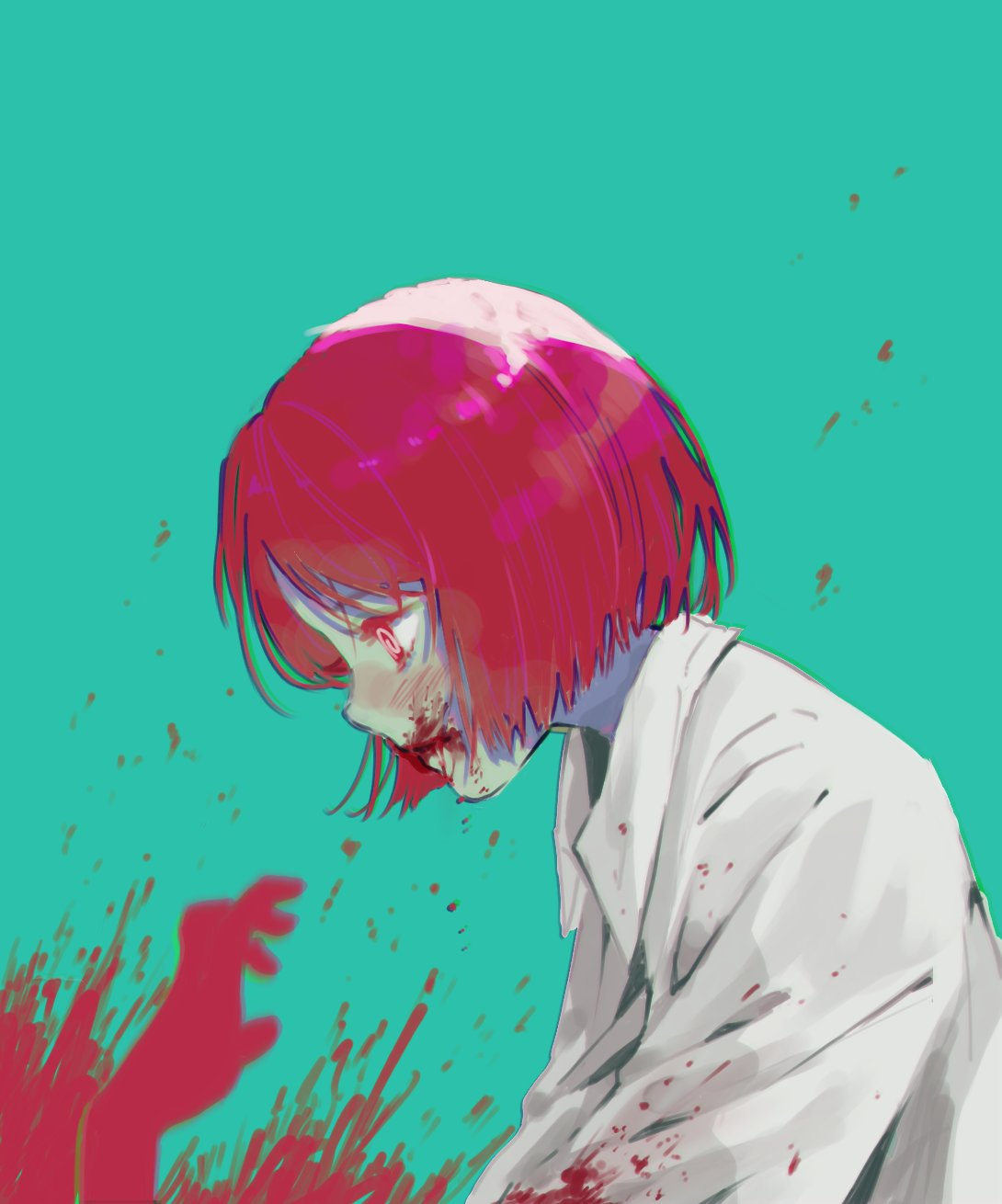 1girl bangs blood blood_on_face bloody_clothes blush bob_cut check_copyright collared_shirt copyright_request english_commentary from_side green_background highres long_sleeves melo_(waterme1o) original profile red_eyes redhead shiny shiny_hair shirt short_hair simple_background solo upper_body white_shirt