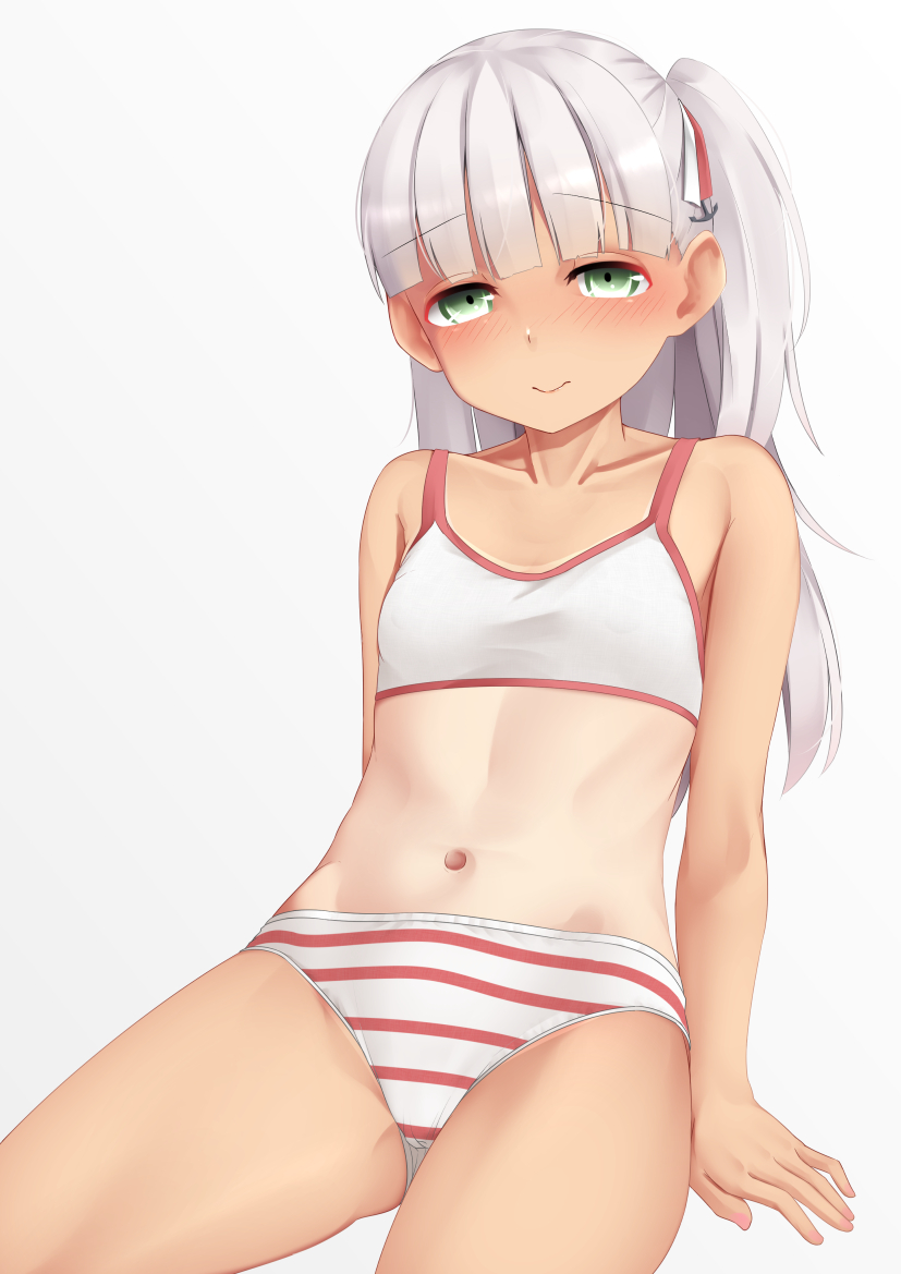 1girl blush closed_mouth eyebrows_visible_through_hair green_eyes hair_ornament hair_ribbon kantai_collection long_hair looking_at_viewer maestrale_(kantai_collection) navel ne_an_ito ribbon silver_hair simple_background smile striped swimsuit tan tanline thighs underwear white_background
