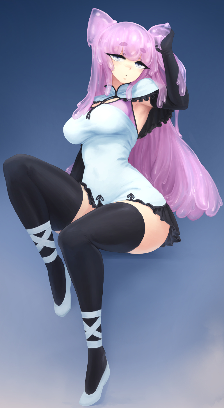 1girl armpits bangs barbariank black_legwear blue_background blunt_bangs borrowed_character breasts capelet commentary dress elbow_gloves english_commentary expressionless frilled_capelet frills full_body gloves gradient gradient_background grey_eyes hand_in_hair head_tilt highres long_hair looking_at_viewer medium_breasts original pink_hair shoes simple_background sitting sleeveless sleeveless_dress slime solo thigh-highs very_long_hair white_footwear
