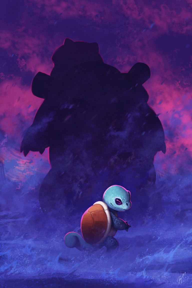 blastoise commentary creature devin_elle_kurtz gen_1_pokemon no_humans pokemon pokemon_(creature) signature silhouette size_difference squirtle standing turtle water