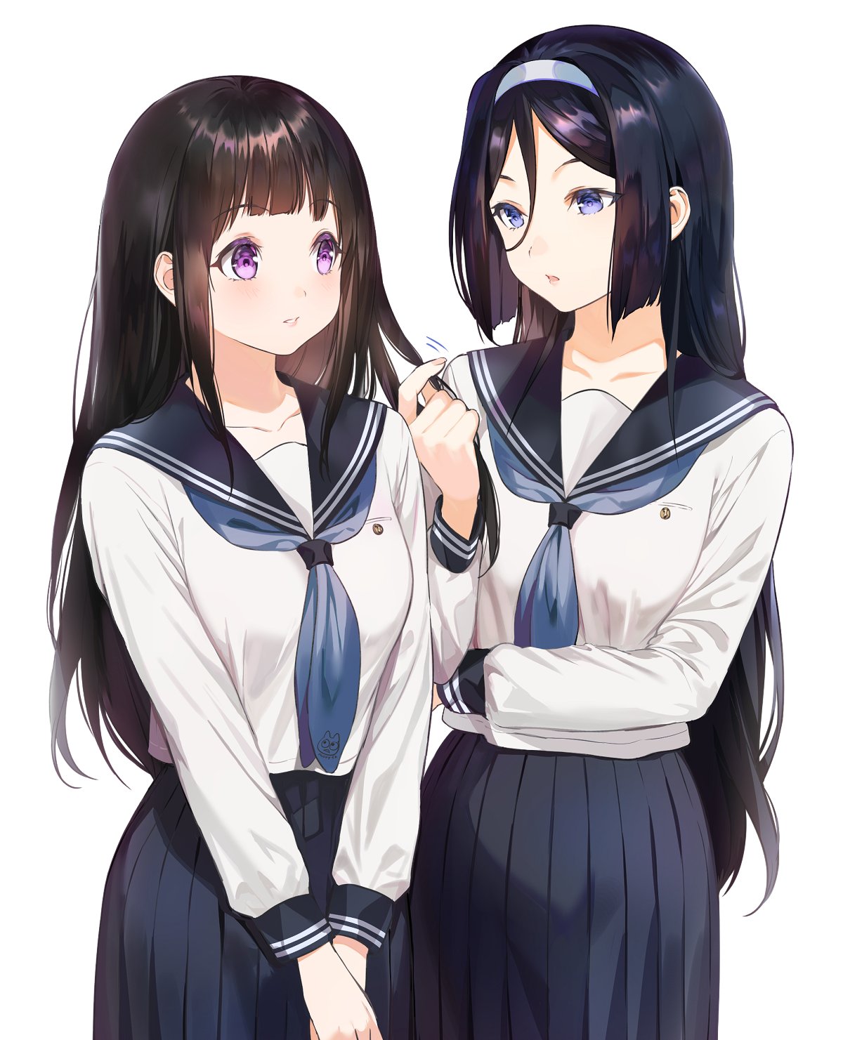 2girls bangs black_hair black_sailor_collar black_skirt blue_eyes blue_neckwear blunt_bangs chitanda_eru cowboy_shot hair_between_eyes hairband highres holding holding_hair hyouka irisu_fuyumi long_hair mery_(apfl0515) multiple_girls neckerchief pleated_skirt sailor_collar school_uniform serafuku shirt simple_background skirt violet_eyes white_background white_shirt