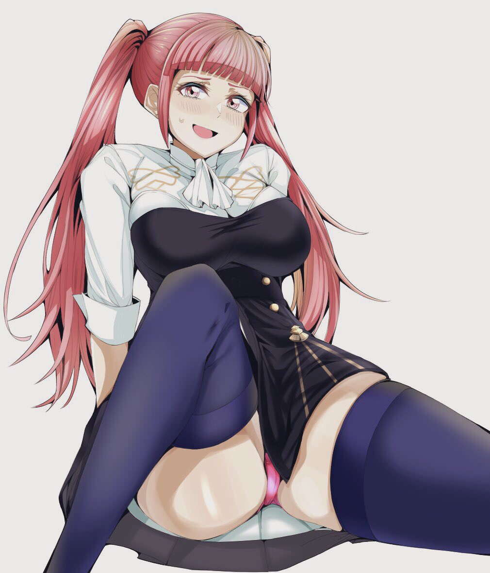 1girl blue_legwear fire_emblem fire_emblem:_three_houses garreg_mach_monastery_uniform grey_background hilda_valentine_goneril long_hair open_mouth panties pink_eyes pink_hair pink_panties simple_background solo teltel01_19 thigh-highs twintails underwear uniform