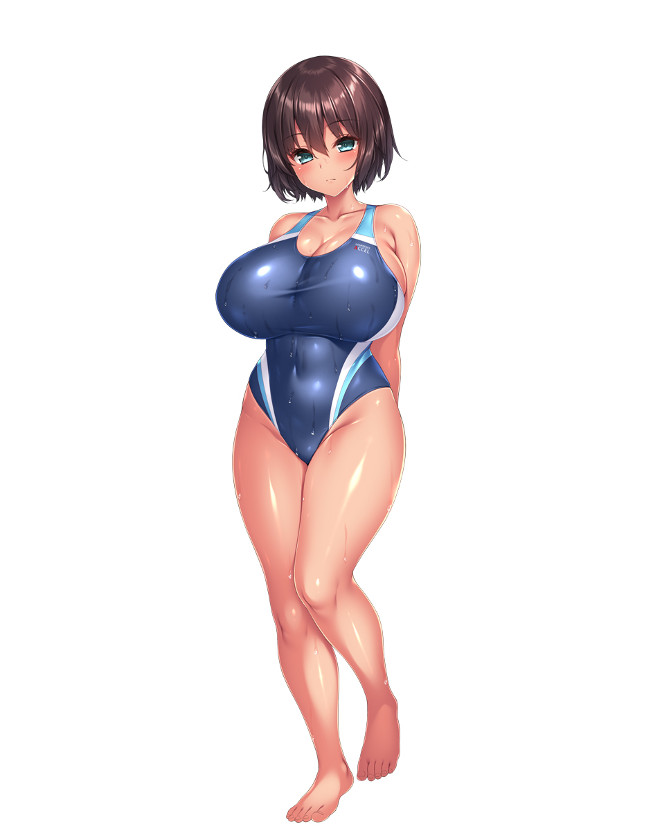1girl aqua_eyes arms_behind_back bangs blush bob_cut breasts brown_eyes brown_hair competition_swimsuit courreges_axel full_body highleg highleg_swimsuit highres large_breasts one-piece_swimsuit original short_hair simple_background solo standing swimsuit tan wet white_background
