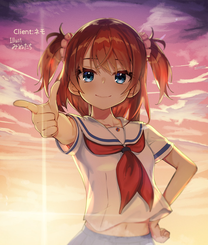 1girl bangs blue_eyes blue_sky blurry blurry_foreground blush brown_hair closed_mouth clouds cloudy_sky collarbone depth_of_field eyebrows_visible_through_hair finger_gun hair_ornament hair_scrunchie hand_on_hip high_school_fleet looking_at_viewer midriff_peek minutachi neckerchief ogasawara_hikari outstretched_arm pink_scrunchie red_neckwear sailor_collar school_uniform scrunchie serafuku shirt short_sleeves sky smile solo two_side_up white_sailor_collar white_shirt