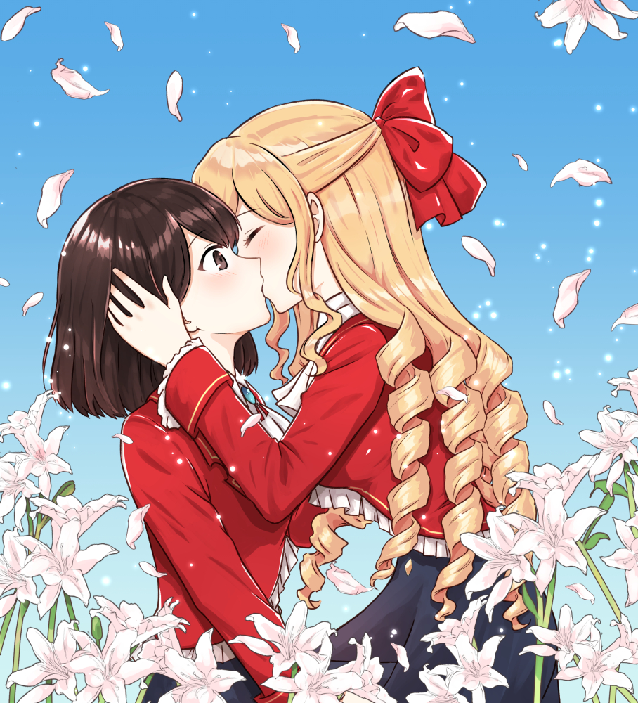 2girls bangs blonde_hair blush bob_cut bow brooch brown_eyes brown_hair claire_francois closed_eyes cravat day drill_hair facing_another flower frilled_jacket frilled_sleeves frills from_side hair_bow half_updo hand_in_hair hand_on_another's_head jacket jewelry kiss light_particles lily_(flower) long_hair long_sleeves looking_at_another multiple_girls petals plankton190602 profile red_bow red_jacket rei_taylor ringlets short_hair surprised watashi_no_oshi_wa_akuyaku_reijou white_neckwear yuri