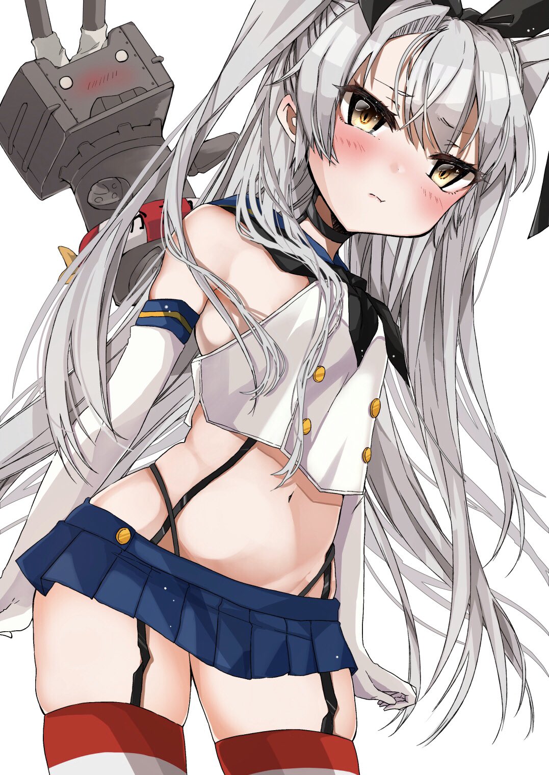 1girl amatsukaze_(kantai_collection) black_neckwear black_panties blue_sailor_collar blue_skirt blush chigasaki_y cosplay crop_top elbow_gloves gloves hair_between_eyes highleg highleg_panties highres kantai_collection long_hair microskirt neckerchief panties pleated_skirt pout rensouhou-kun sailor_collar shimakaze_(kantai_collection) shimakaze_(kantai_collection)_(cosplay) silver_hair simple_background skirt sleeveless striped striped_legwear thigh-highs two_side_up underwear white_background white_gloves yellow_eyes