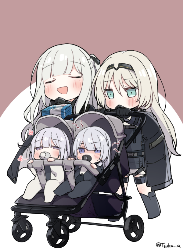 4girls ak-12_(girls_frontline) ak-15_(girls_frontline) an-94_(girls_frontline) baby baby_carrier blonde_hair blush closed_eyes defy_(girls_frontline) girls_frontline multiple_girls pacifier rpk-16_(girls_frontline) silver_hair tsuka younger