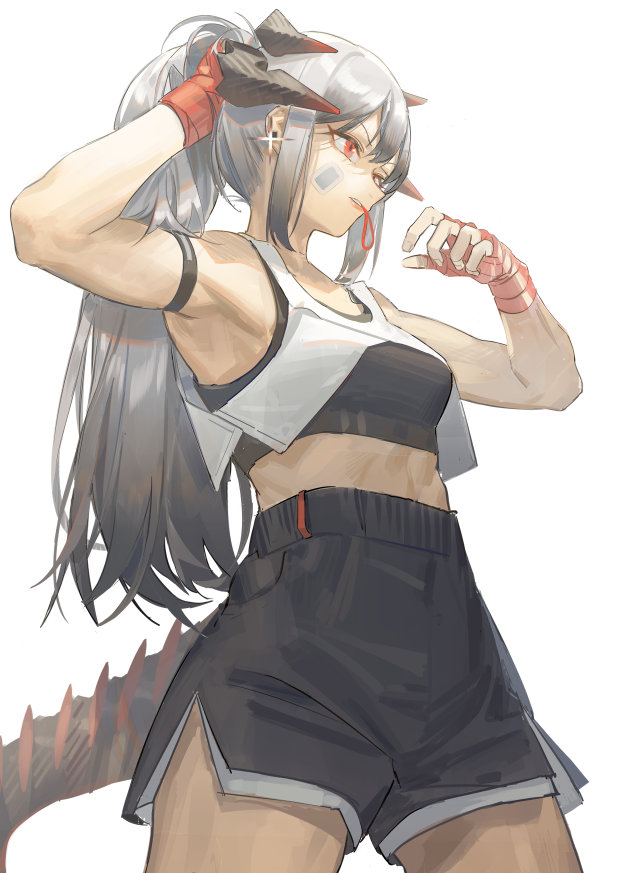 1girl arknights armband determined dragon_tail earrings facial_mark gleam hand_wraps horns jewelry looking_to_the_side norizc pants platinum_blonde_hair ponytail red_eyes saria_(arknights) shorts sports_bra sportswear sweatpants tail toned tying_hair