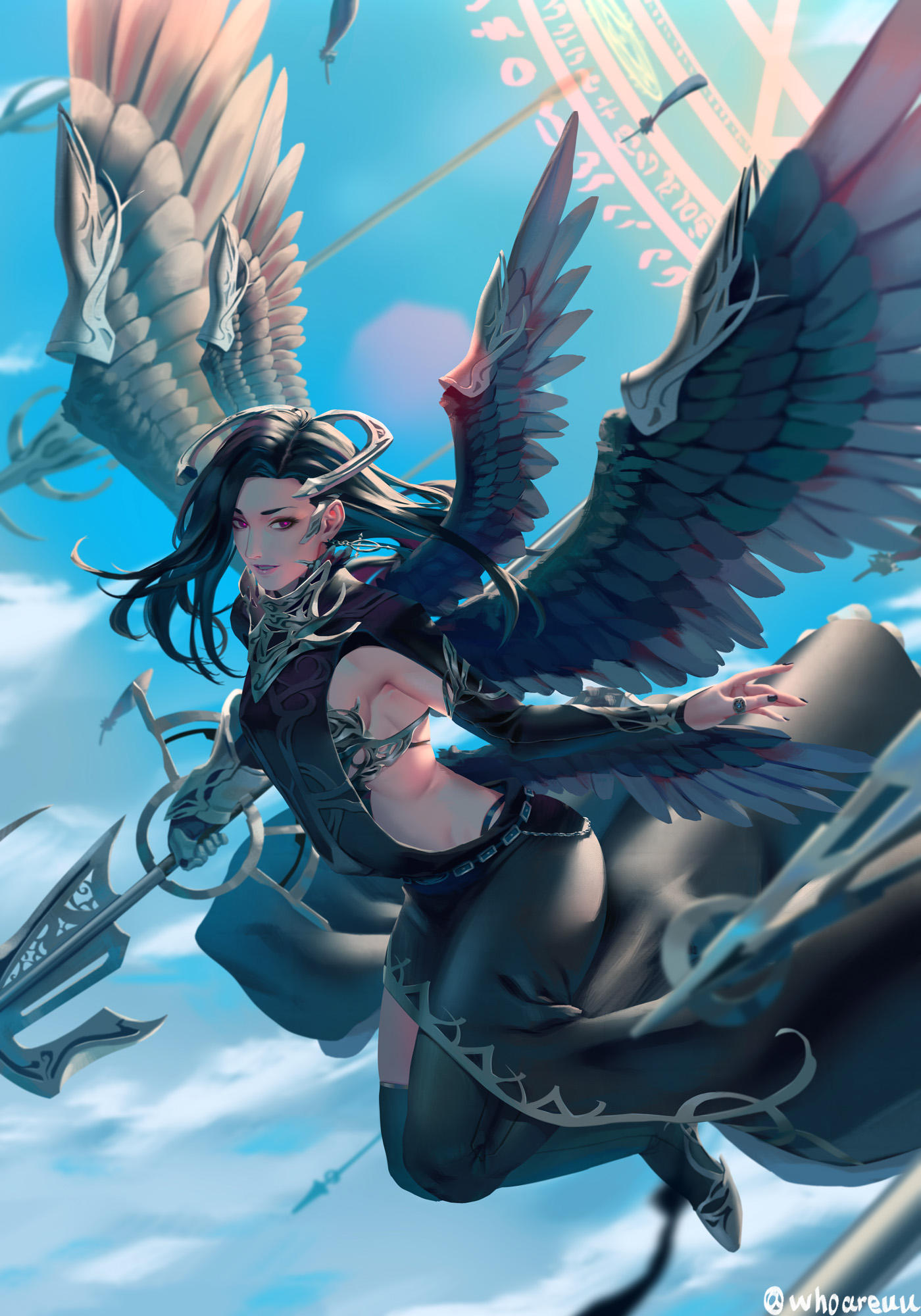 1girl armpits artist_name asymmetrical_gloves asymmetrical_legwear black_hair black_legwear black_nails black_wings blue_sky clouds day earrings feathered_wings feathers floating_hair full_body gloves highres holding holding_weapon indoors jewelry large_wings long_hair long_sleeves looking_at_viewer low_wings midair multiple_wings nail_polish original parted_lips red_eyes ring shoes single_glove sky solo weapon whoareuu wings