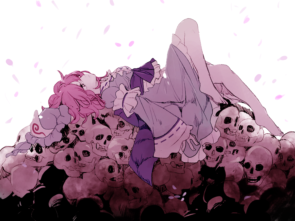 1girl barefoot blue_headwear blue_kimono cherry_blossoms from_side full_body hat hat_removed headwear_removed japanese_clothes joniko1110 kimono knee_up long_sleeves lying mob_cap on_back petals pile_of_skulls pink_hair saigyouji_yuyuko short_hair skull solo touhou triangular_headpiece white_background