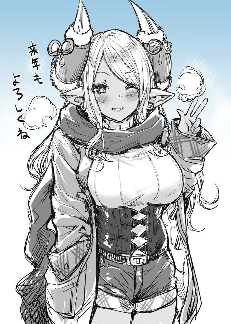 1girl breasts coat draph gradient gradient_background granblue_fantasy greyscale grin hand_in_pocket horns kuvira_(granblue_fantasy) large_breasts monochrome mushi024 one_eye_closed pointy_ears scarf shorts smile v winter_clothes winter_coat