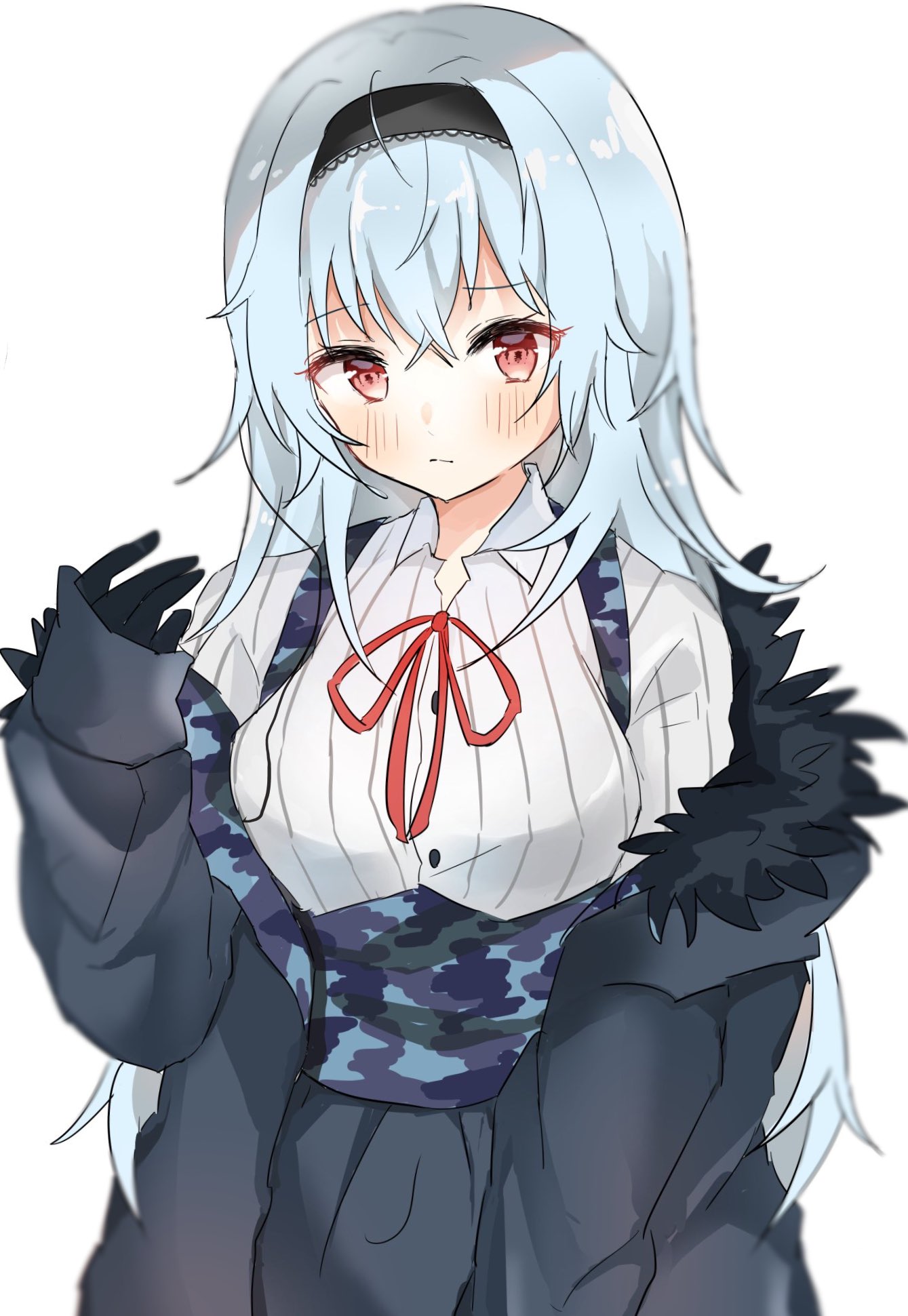 1girl bangs black_gloves black_hairband blush breasts camouflage closed_mouth eyebrows_visible_through_hair feather-trimmed_jacket feather_trim girls_frontline gloves hair_between_eyes hairband highres hino6197 jacket light_blue_hair long_hair long_sleeves neck_ribbon red_eyes red_neckwear ribbon simple_background solo thunder_(girls_frontline) white_background