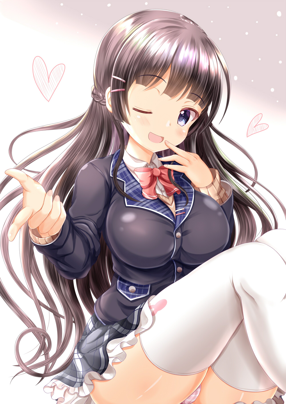 1girl ;d black_hair black_jacket blazer blue_eyes blush bow braid breasts brown_sweater collared_shirt commentary_request dress_shirt frilled_skirt frills grey_skirt hair_ornament hairclip heart highres jacket knees_up large_breasts long_hair looking_at_viewer nail_polish nijisanji one_eye_closed open_mouth panties pink_nails plaid plaid_skirt pointing pointing_at_viewer red_bow school_uniform shirt skirt smile solo striped striped_panties sweater tsukino_mito underwear very_long_hair virtual_youtuber white_shirt zenon_(for_achieve)
