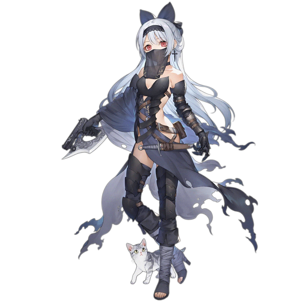 1girl alternate_costume animal armor armored_dress bandages bangs bare_shoulders belt black_choker black_hairband black_legwear boots bow breasts cat choker collarbone cross cross_earrings dancer dot_pupils dress earrings empty_eyes eyebrows_visible_through_hair face floating_hair full_body gauntlets girls_frontline grey_bow grey_dress grey_footwear gun gunblade haijin hair_bow hairband handgun high_heel_boots high_heels holding holding_gun holding_weapon jewelry labyrinth_of_the_dark lace-trimmed_hairband long_hair looking_at_viewer no_panties official_art pelvic_curtain pistol pouch red_eyes sheath sheathed short_sword sideless_outfit sidelocks silver_hair single_gauntlet small_breasts solo standing strapless strapless_dress sword thigh-highs toeless_boots tokarev_(girls_frontline) tokarev_tt-33 transparent_background trigger_discipline veil very_long_hair weapon wind
