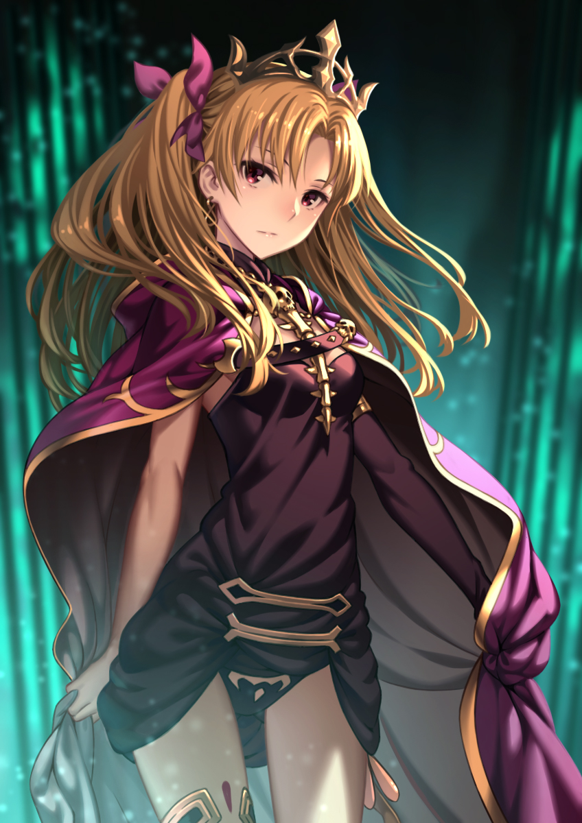 1girl asymmetrical_legwear asymmetrical_sleeves bangs between_breasts black_legwear black_leotard blonde_hair bow breasts cape closed_mouth detached_collar earrings ereshkigal_(fate/grand_order) fate/grand_order fate_(series) gold_trim hair_bow highres hoop_earrings infinity jewelry leotard long_hair looking_at_viewer medium_breasts parted_bangs porikeracchou red_bow red_cape red_eyes single_sleeve single_thighhigh skull spine thigh-highs thighs tiara two_side_up