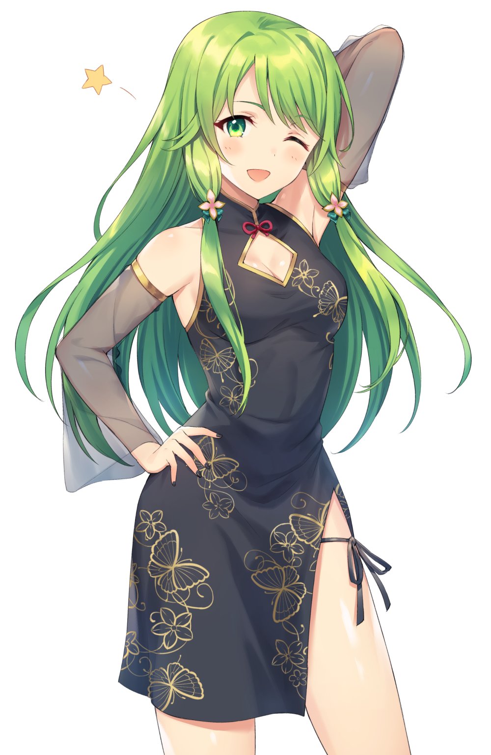 1girl ;d animal_print arm_up black_dress black_nails blush breasts butterfly_print commentary_request detached_sleeves dress floral_print green_eyes green_hair hair_ornament hand_on_hip highres long_hair long_sleeves morinaka_kazaki mosomoso nail_polish nijisanji one_eye_closed open_mouth print_dress see-through see-through_sleeves sidelocks simple_background sleeveless sleeveless_dress small_breasts smile solo star very_long_hair virtual_youtuber white_background wide_sleeves