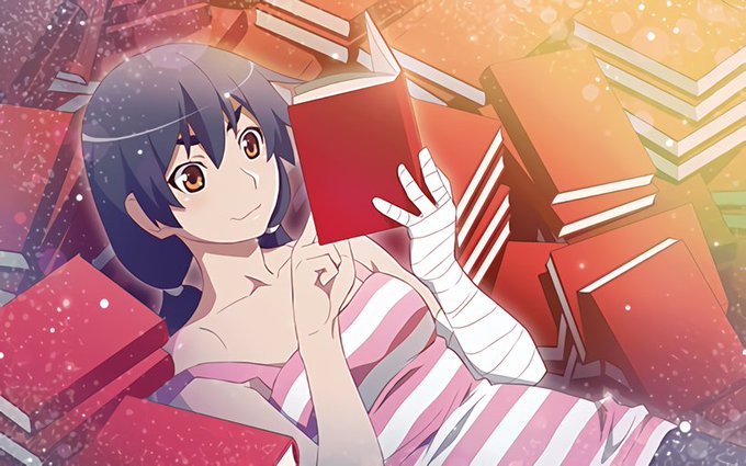 1girl bandaged_arm bandages book image_sample kanbaru_suruga lying monogatari_(series) monogatari_series_puc_puc on_back reading twitter_sample