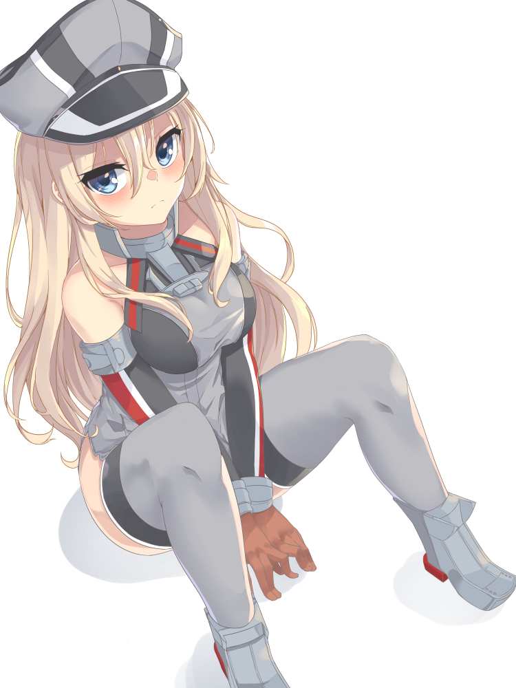 1girl bare_shoulders bismarck_(kantai_collection) blonde_hair blue_eyes blush breasts brown_gloves detached_sleeves gloves grey_legwear hair_between_eyes hat kantai_collection large_breasts long_hair long_sleeves military military_uniform peaked_cap simple_background solo thigh-highs tiasis uniform white_background