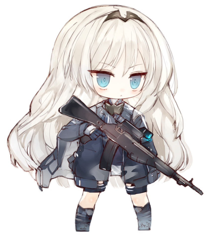 1girl :o an-94 an-94_(girls_frontline) assault_rifle bangs black_legwear black_shorts blue_eyes blue_gloves blue_jacket blush chibi commentary_request eyebrows_visible_through_hair full_body girls_frontline gloves grey_footwear gun headpiece holding holding_gun holding_weapon jacket kneehighs kotatu_(akaki01aoki00) long_hair long_sleeves object_namesake parted_lips rifle shorts simple_background solo standing very_long_hair weapon white_background white_hair