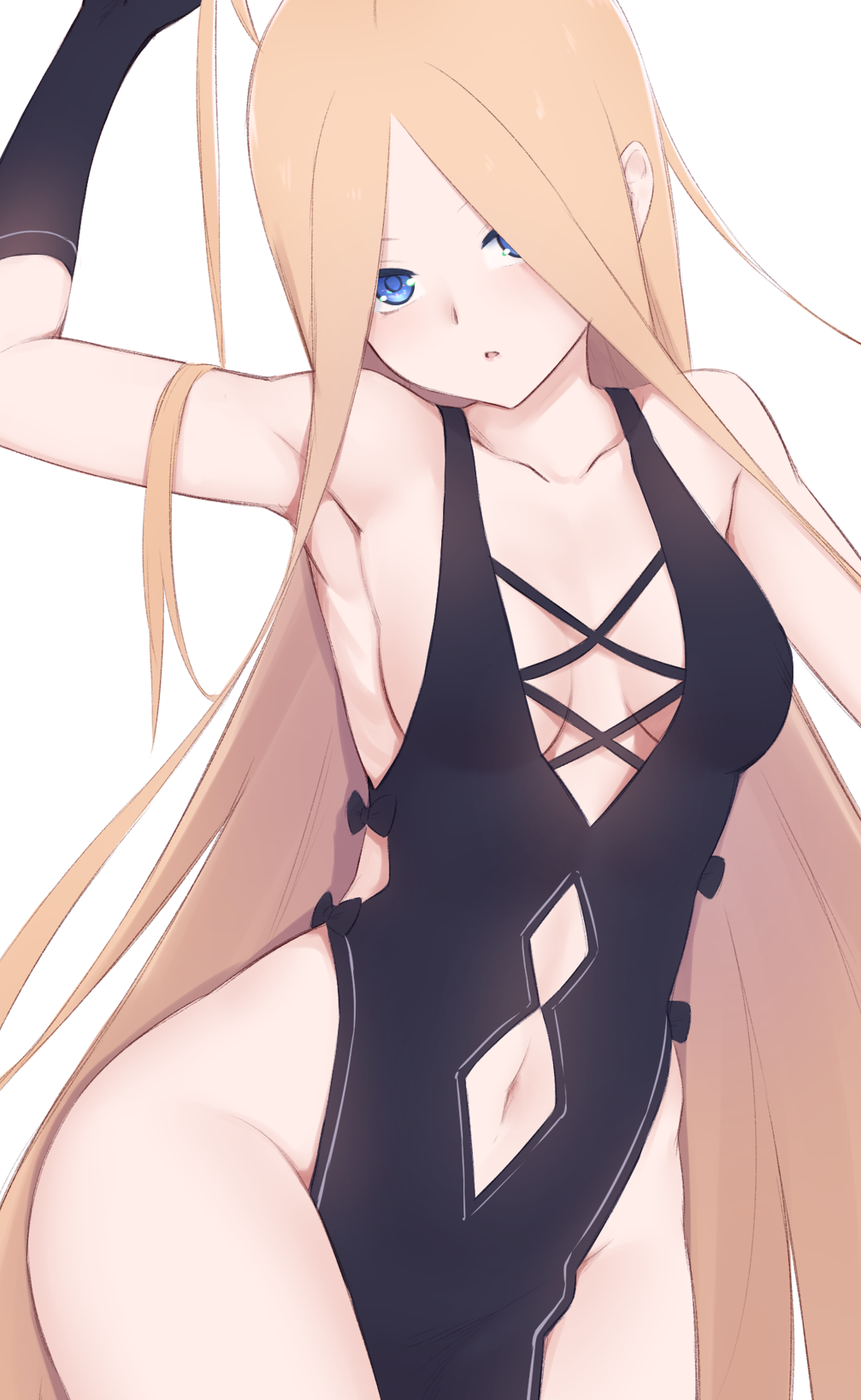 1girl abigail_williams_(fate/grand_order) bangs bare_shoulders black_dress black_gloves blonde_hair blue_eyes blush breasts collarbone dress elbow_gloves fate/grand_order fate_(series) forehead gloves highres jilu long_hair looking_at_viewer navel navel_cutout open_mouth parted_bangs parted_lips simple_background small_breasts very_long_hair white_background