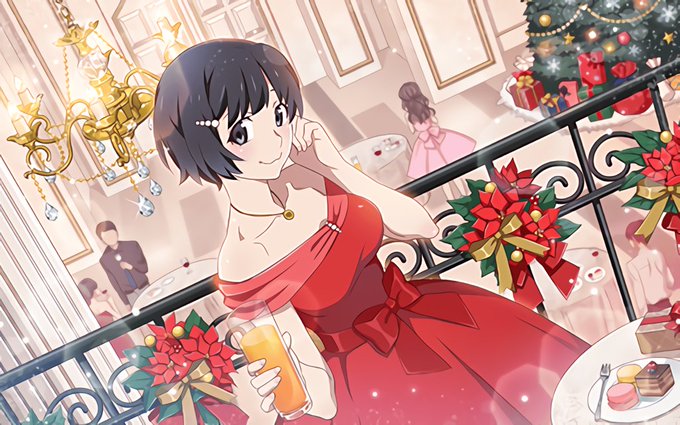 1girl blush chandelier christmas_tree cup dress drinking_glass food hair_ornament hairclip hanekawa_tsubasa jewelry macaron monogatari_(series) monogatari_series_puc_puc necklace red_dress