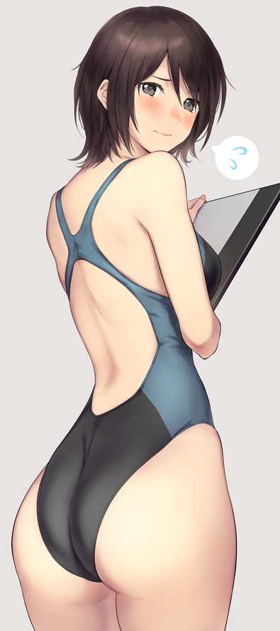 1girl amagami ass back bangs black_eyes black_hair blush breasts clipboard closed_mouth commentary_request competition_swimsuit cowboy_shot embarrassed gradient gradient_background grey_background holding looking_at_viewer looking_back medium_breasts nozomi-y one-piece_swimsuit short_hair skindentation solo spoken_flying_sweatdrops swimsuit takahashi_maya two-tone_swimsuit