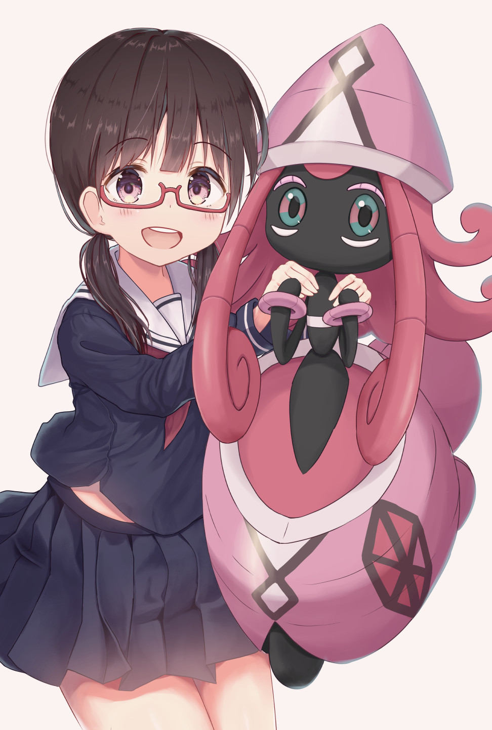 1girl :d black_serafuku black_shirt black_skirt blush brown_eyes brown_hair character_request commentary_request copyright_request crossover glasses highres long_hair low_twintails mimikaki_(men_bow) open_mouth pleated_skirt pokemon red-framed_eyewear red_neckwear sailor_collar school_uniform semi-rimless_eyewear serafuku shirt skirt smile twintails under-rim_eyewear upper_teeth virtual_youtuber white_sailor_collar