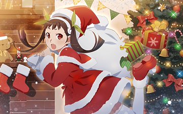 1girl christmas christmas_ornaments christmas_tree gift hachikuji_mayoi hair_ribbon hat lowres medium_hair monogatari_(series) monogatari_series_puc_puc ribbon santa_costume santa_hat solo thigh-highs twintails