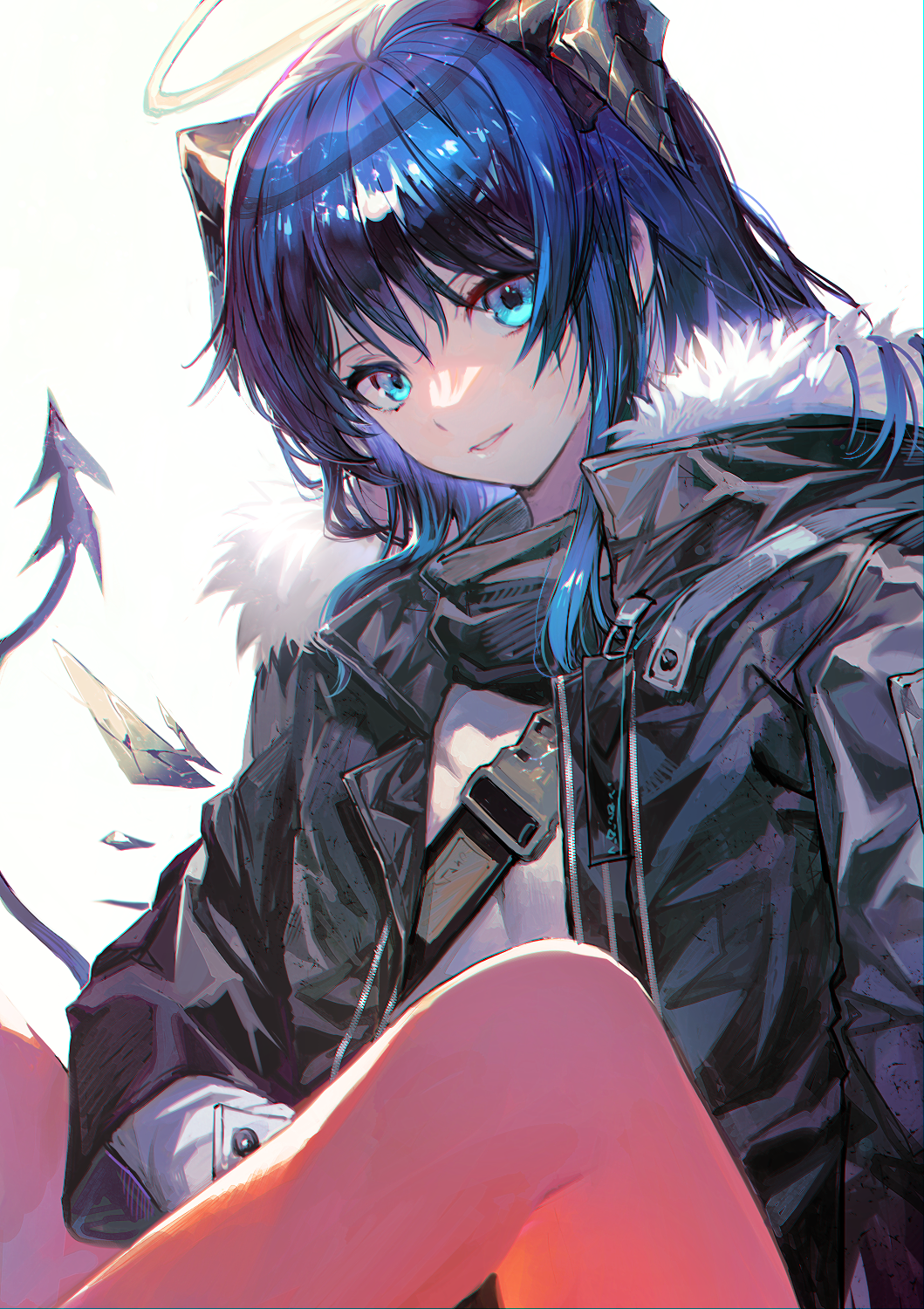 1girl aoki_(fumomo) arknights bangs black_horns black_jacket blue_eyes blue_hair commentary_request fur-trimmed_jacket fur_trim hair_between_eyes halo highres horns jacket knee_up long_hair long_sleeves looking_at_viewer mostima_(arknights) open_clothes open_jacket parted_lips shirt simple_background solo strap tail upper_body white_background white_shirt